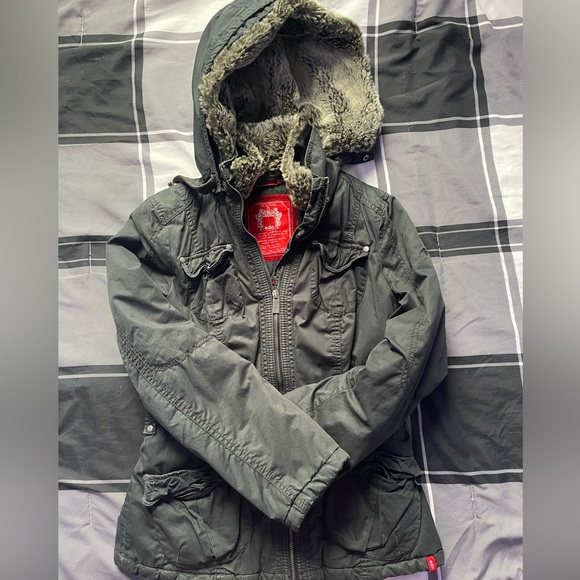 EDC Esprit Military Bomber Jacket Fur Hood Women’s Size M - Picture 2 of 12